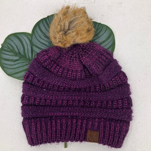 C.C Exclusives Purple Tan Metallic Cable Knit Faux Fur Pom One Size Beanie Hat - Picture 1 of 7